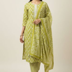 Parrot Green Floral Printed Pure Cotton Straight Cut Salwar Suit