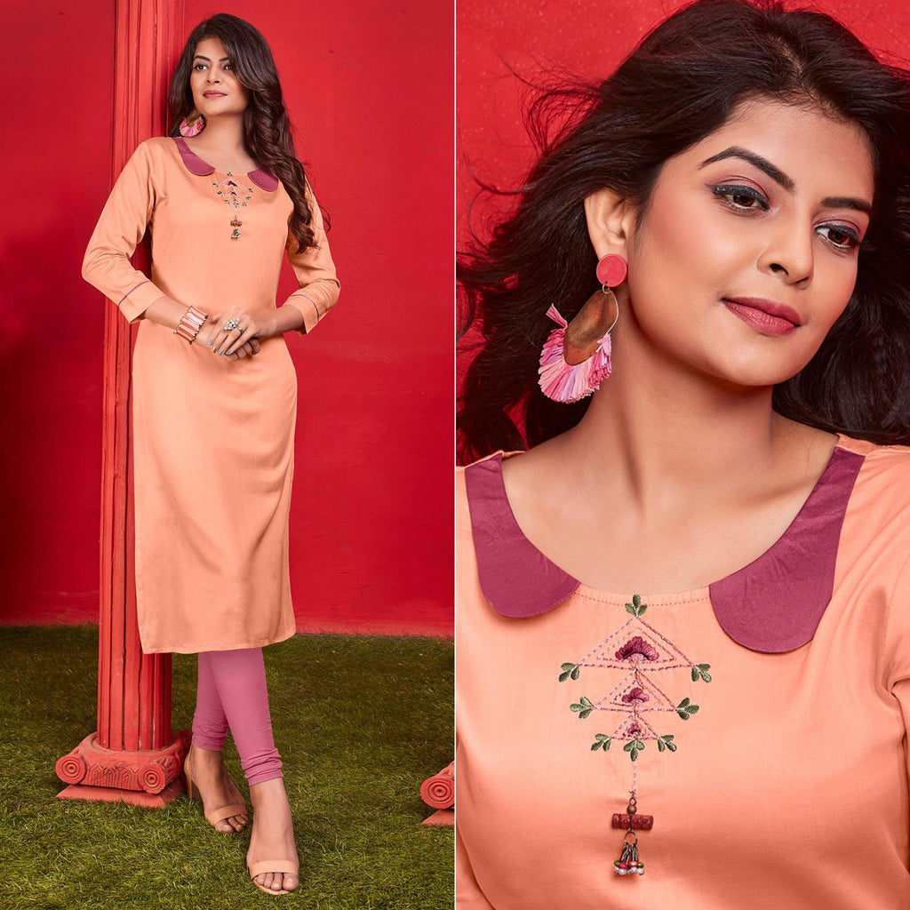 Peach Casual Wear Embroidered Cotton Kurti