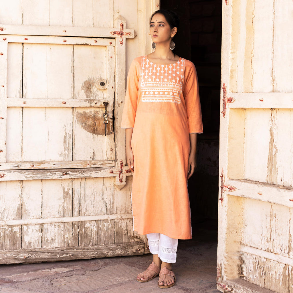 Peach Embroidered Pure Cotton Kurti