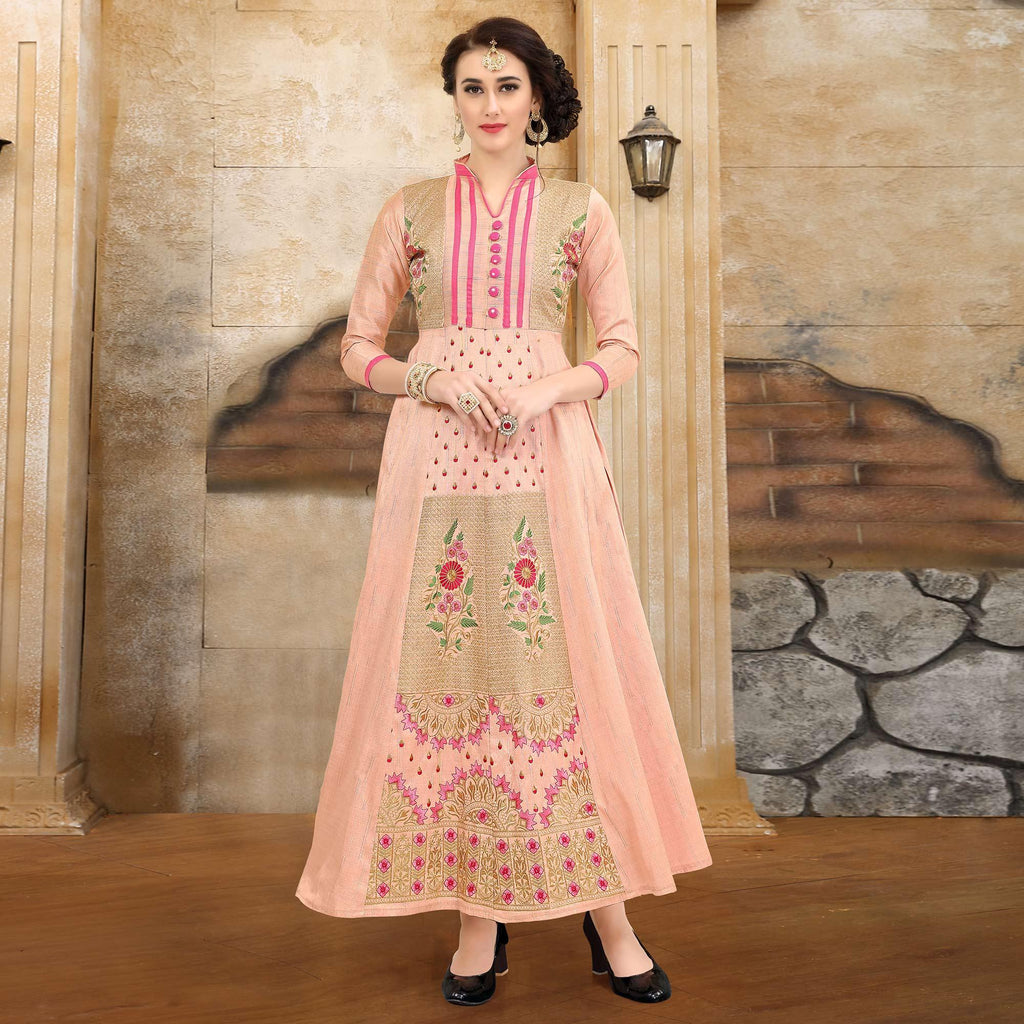 Peach Festive Wear Floral Embroidered Fancy Fabric Anarkali Suit