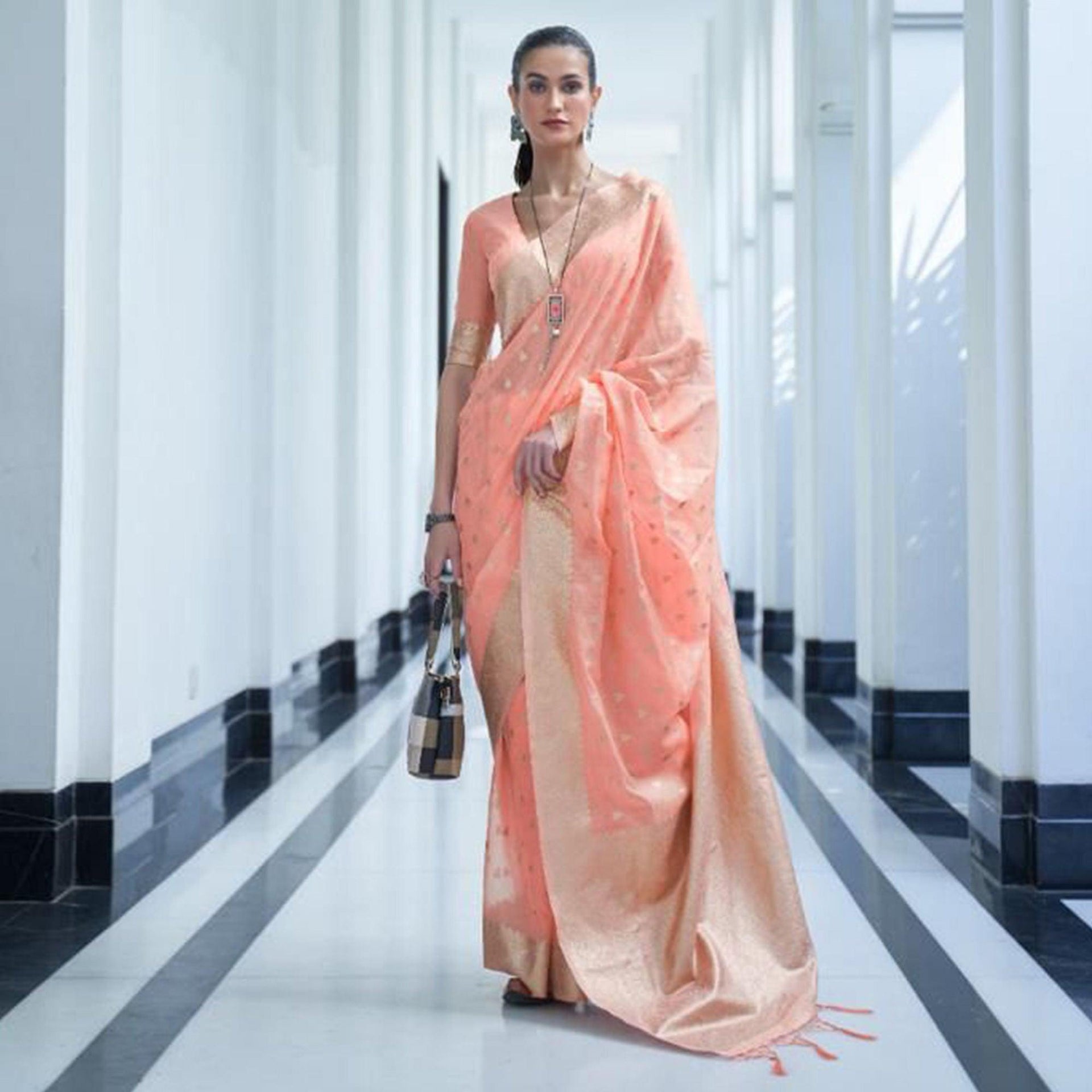 Peach Festive Wear Woven Cotton Saree