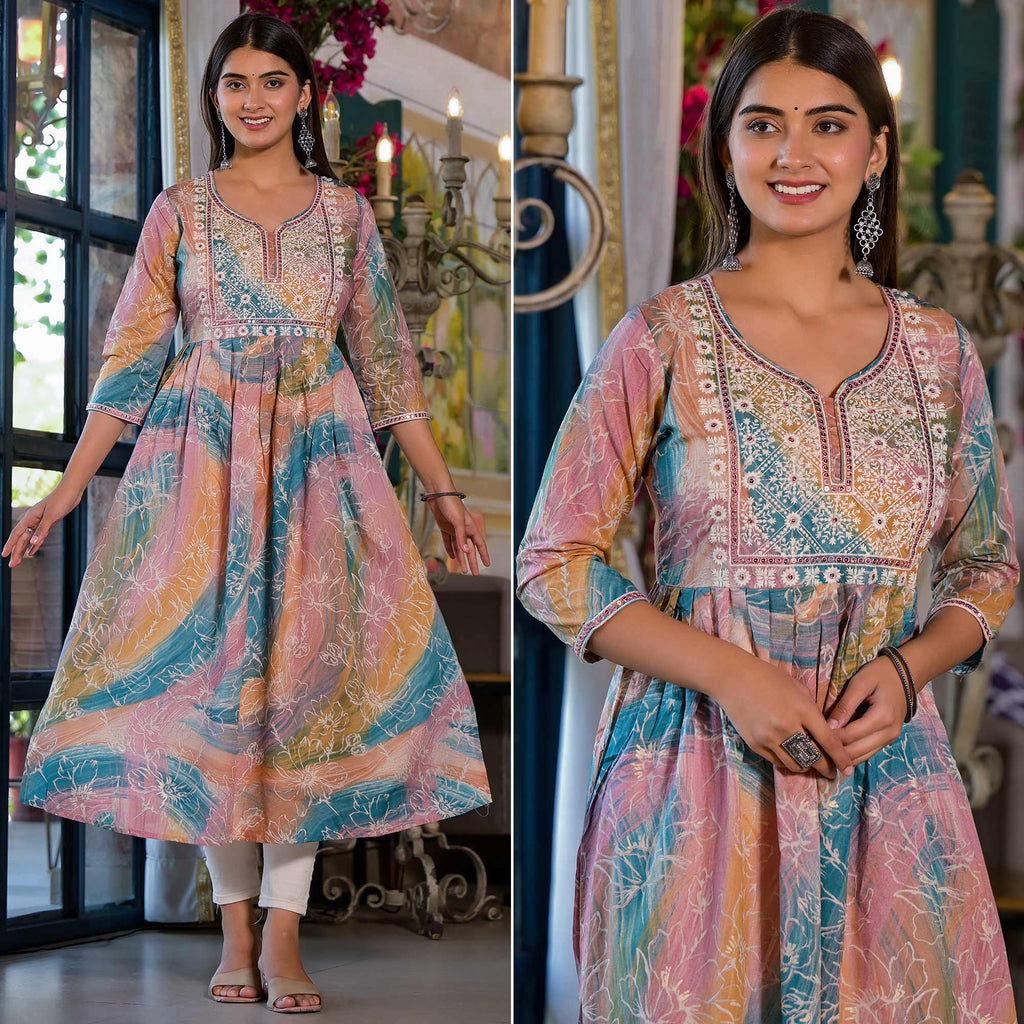 Peach Printed Cambric Cotton Naira Cut Kurti