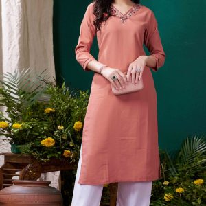 Peach Yoke Embroidered Pure Cotton Straight Kurti