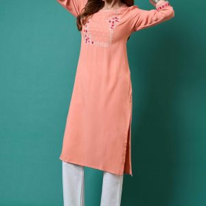 Peach Yoke Embroidered Rayon Straight Kurti
