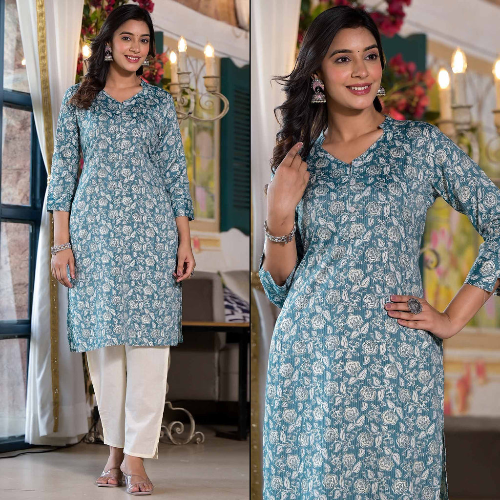 Pine Green Floral Printed Rayon Straight Kurti