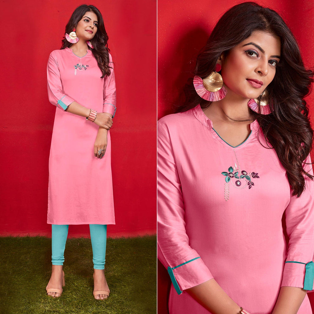 Pink Casual Wear Floral Embroidered Cotton Kurti