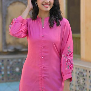 Pink Floral Embroidered Rayon Straight Top