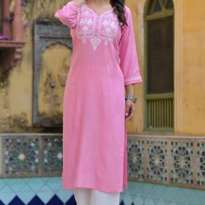 Pink Floral Embroidered Viscose Rayon Straight Top Bottom Set