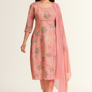 Pink Floral Printed Pure Cotton Straight Salwar Suit with Handwork Neckline