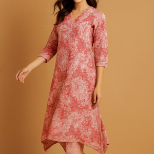Pink Floral Printed Pure Cotton Two-Piece Set with Neck Embroidery