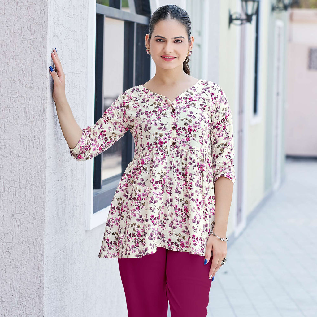 Pink Floral Printed Rayon A-Line Top