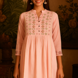 Pink Heavy Rayon Tunic Top with Delicate Floral Embroidery