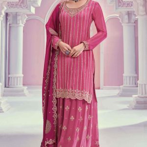 Pink Sequins Embroidered Chinon Sharara Suit