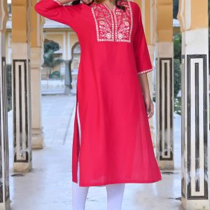 Pink Yoke Embroidered Pure Cotton Straight Kurti