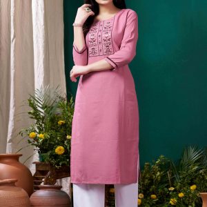 Pink Yoke Embroidered Pure Cotton Straight Kurti