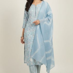 Powder Blue Floral Printed Pure Cotton Straight Salwar Suit for Elegant Day Wear