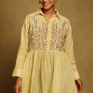 Powder Yellow Heavy Rayon Tunic Top with Delicate Floral Embroidery