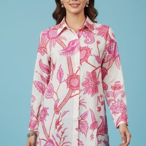 Professional Pink Muslin Shirt Top with Subtle Floral Prints for Everyday Office