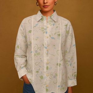Pure Cotton Off White Shirt Top with Timeless Floral Print Detailing