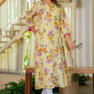 Pure Cotton Yellow Kurti with Feminine Floral Prints and Straight Cut Design