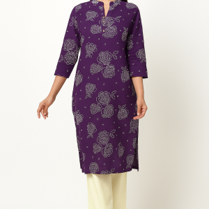 Purple Casualwear Straight Kurti with Floral Prints in Pure Cotton
