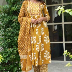 Radiant Mustard A Line Suit Adorned with Mirror & Sequin Embroidery Elegance