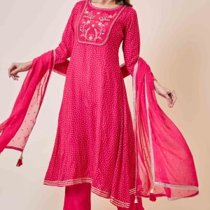 Rani Pink Embroidered Anarkali Style Muslin Salwar Suit