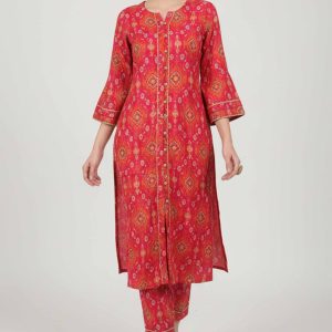 Rani Pink Ikat-Inspired Printed Cotton Blend A Line Co-Ord Set With Front Button Detailing