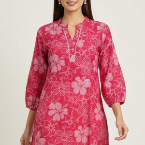 Rani Pink Viscose Blend Slub Fabric Top with Beautiful Floral Prints