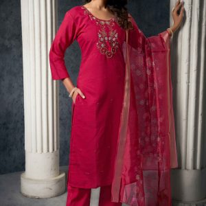 Red Hand Work Embroidered Viscose Slub Silk Straight Salwar Suit