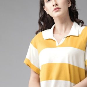 Roadster Women Yellow & Off-White Striped Pure Cotton Polo Collar T-shirt