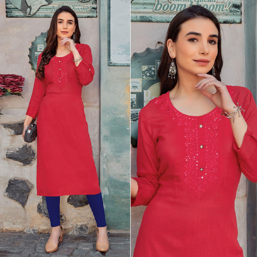 Rose Pink Sequins Embroidered Pure Cotton Kurti