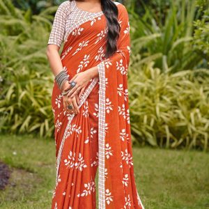 Rust Orange Pure Cotton Saree with Delicate Floral Patterns