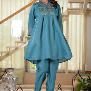 Sea Green Co-Ord Outfit in Viscose Fabric with Neck Embroidery Accent