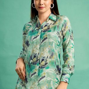 Sea Green Floral Printed Muslin Straight Top