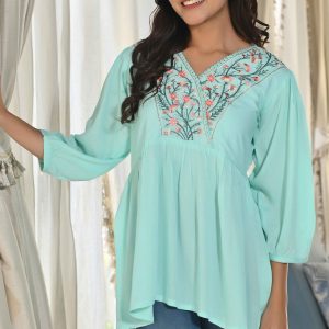 Sea Green Rayon Yoke Embroidered Rayon Rinkle Top