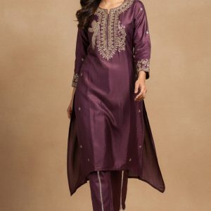 Shimmering Wine Co-ord Set in Viscose Blend with Embroidered Detailing