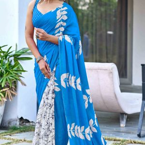 Sky Blue Pure Cotton Saree with Stylish Bagru Patterns