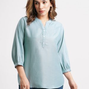 Sky Blue Solid Poly Chinon Straight Top