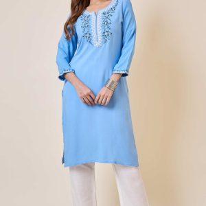 Sky Blue Yoke Embroidered Rayon Straight Kurti