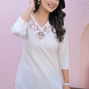 Soft Cream Floral Neck Embroidered Cotton Flex Top