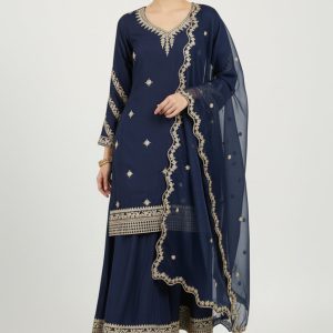 Sophisticated Navy Blue Viscose Palazzo Suit With Glittering Floral Sequin Embroidery