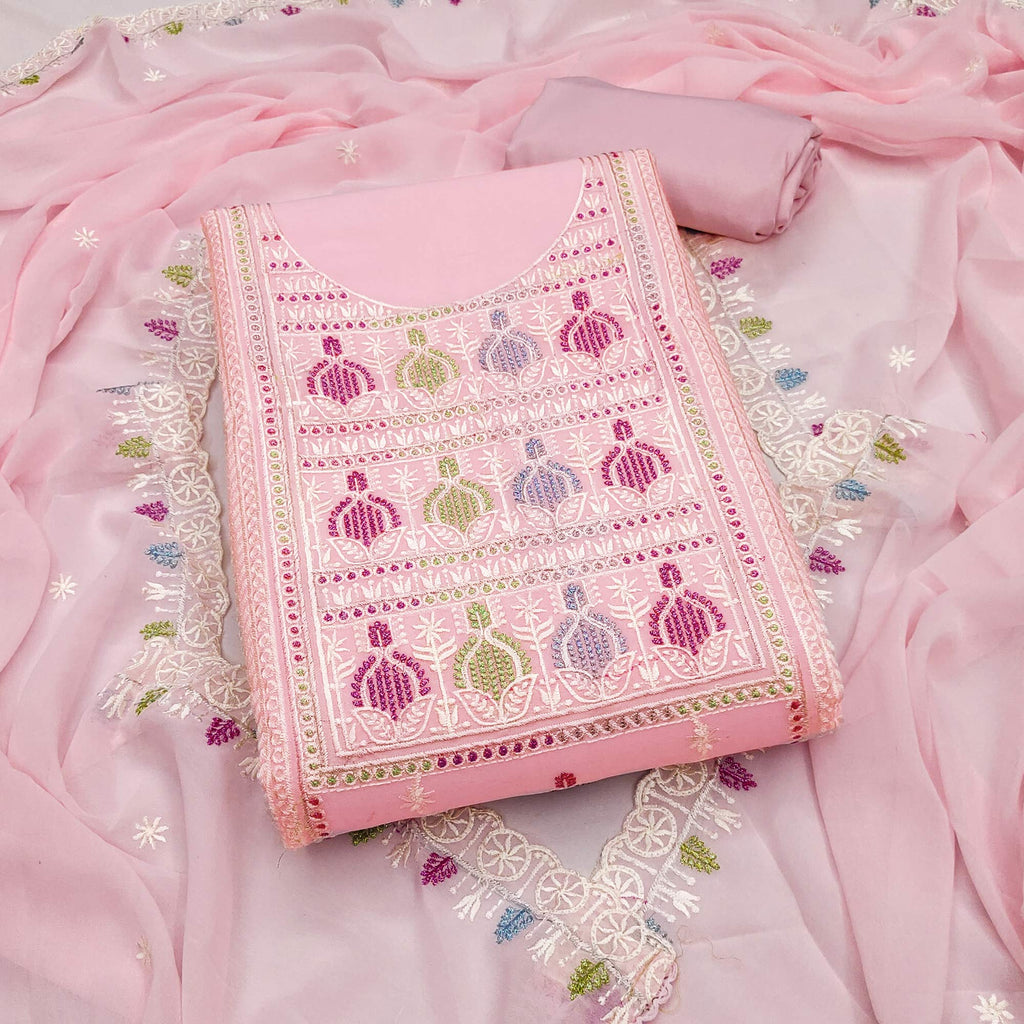 Sophisticated Pink Georgette Dress Material Accented With Ornate Floral Thread Embroidery