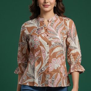 Stylish Brown Floral Printed Top Crafted in Lightweight Muslin Fabric