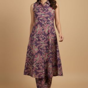 Stylish Purple A-Line Suit Set with Beautiful Floral Print on Viscose Blend Slub