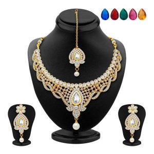 Sukkhi Gold Plated AD Necklace Set with Maang Tika & 5 Interchangeable Stones