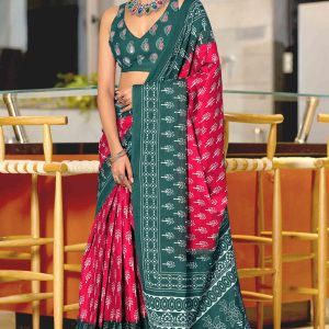 Teal Blue & Pink Soft Cotton Saree with Charming Floral Design