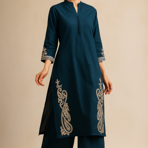 Teal Cambric Cotton Top Bottom Set Adorned with Delicate Embroidered Patterns