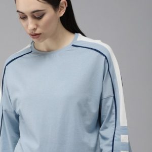 The Roadster Lifestyle Co Women Blue Drop-Shoulder Sleeves Pure Cotton Relaxed Fit T-shirt