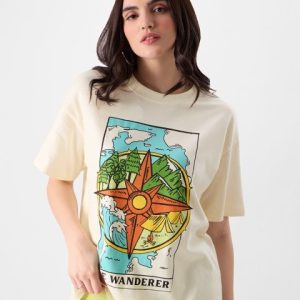 The Souled Store Graphic Printed Drop-Shoulder Sleeves Oversized Fit Cotton T-Shirt